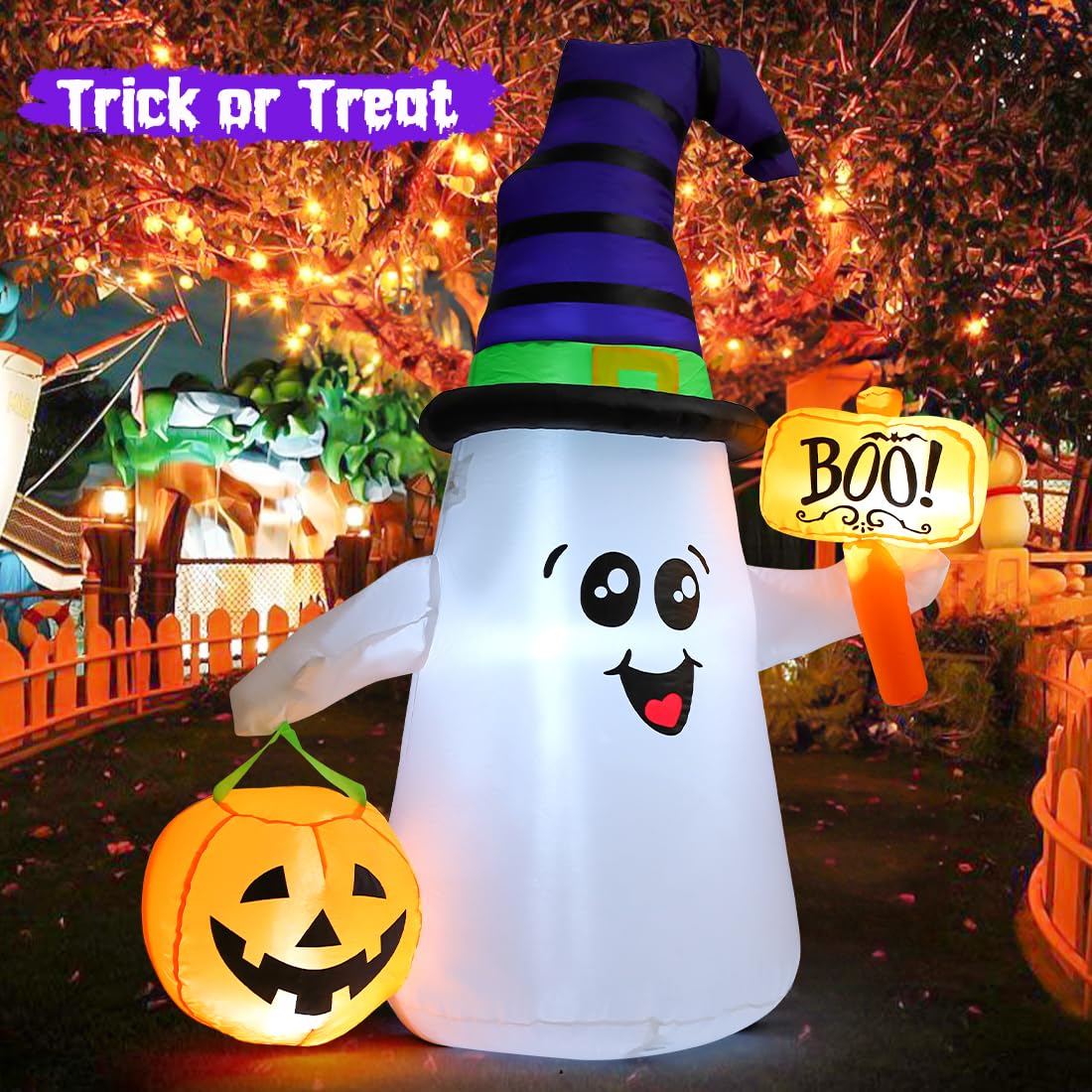 Decorative GOOSH Halloween inflatable ghost holding a pumpkin and sign, 100% Authentic, available at Curat Cart in India.