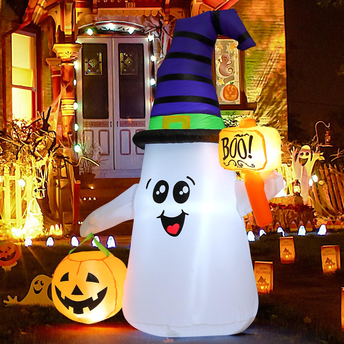 GOOSH Halloween Inflatables ghost decoration in official packaging, featuring a friendly design with a pumpkin and sign. Shop at Curat Cart.