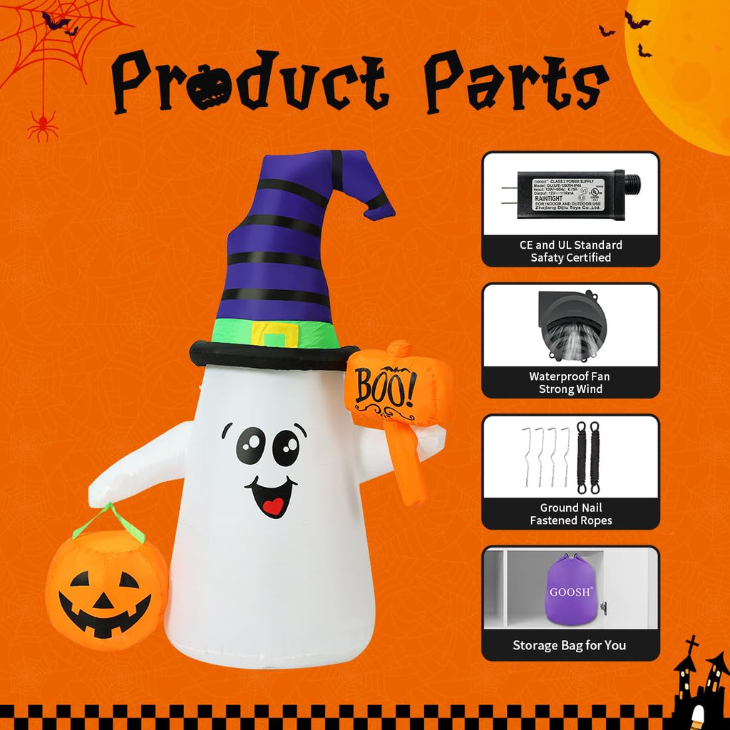 Premium imported GOOSH Halloween inflatable ghost with a witch hat, perfect for festive decor. Available at Curat Cart.
