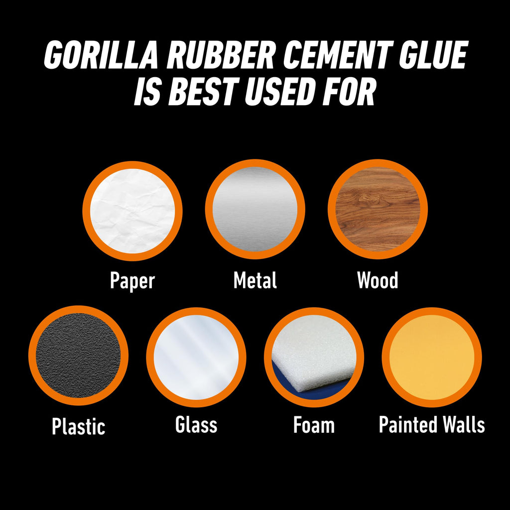 Gorilla Rubber Cement showcases versatile applications for various materials including paper, metal, and wood. Available at Curat Cart.