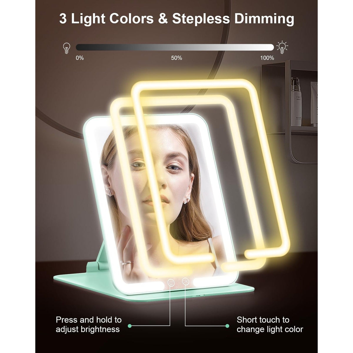 The Gospire Travel Makeup Mirror features 3 light colors, stepless dimming, and a stylish design perfect for on-the-go beauty.