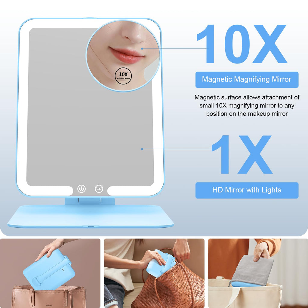 Premium imported Gospire Travel Makeup Mirror features lights, a 10X magnifying mirror, and a stylish design for on-the-go beauty.
