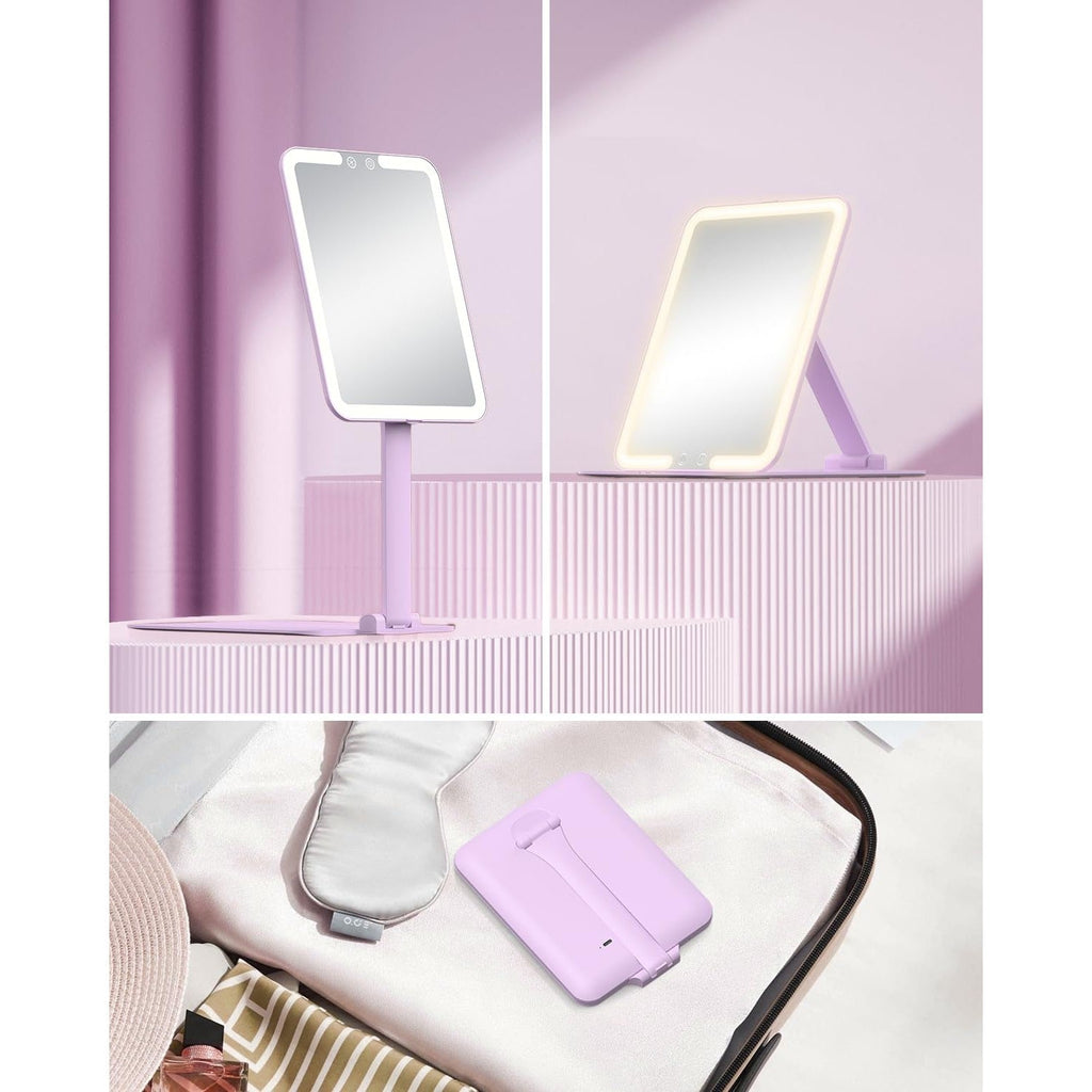 Gospire Travel Makeup Mirror with Lights in purple. Compact, adjustable stand, ideal for beauty on the go. 100% genuine product.