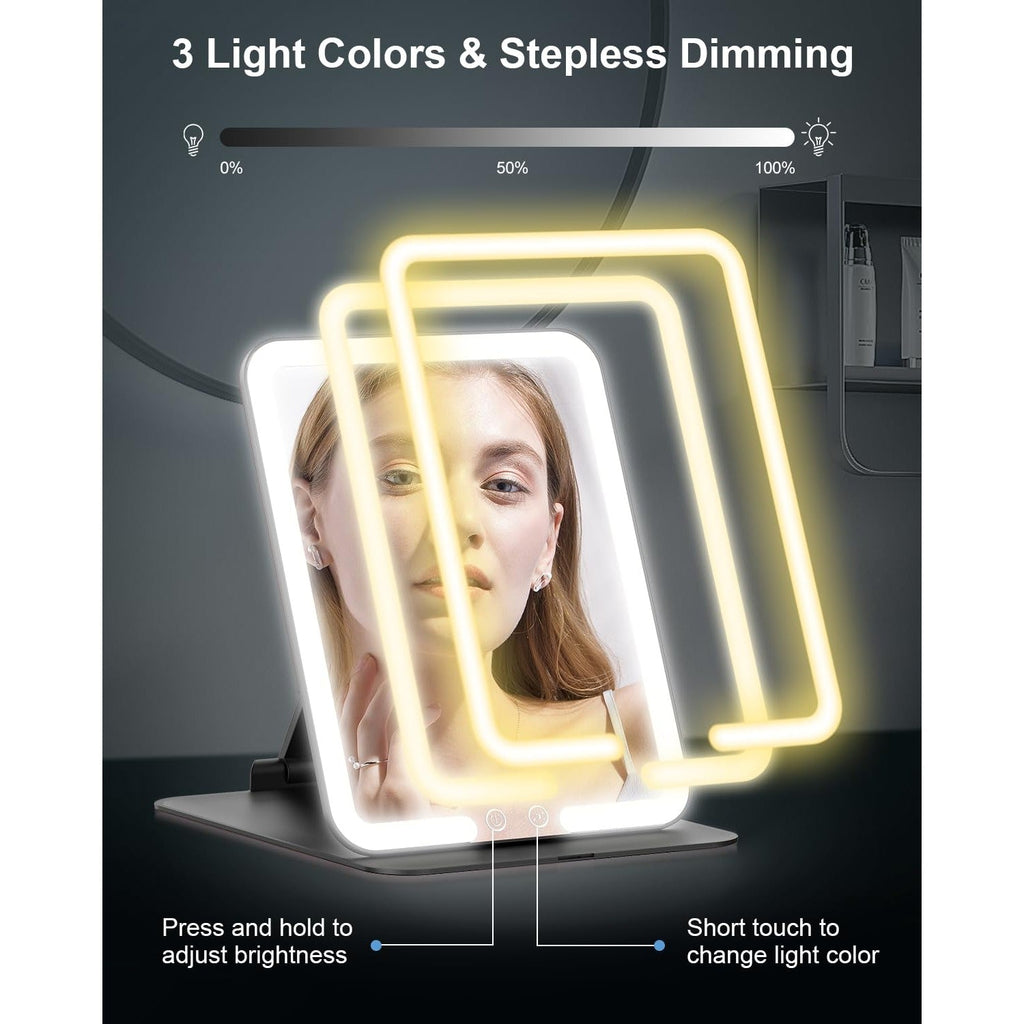 Gospire Travel Makeup Mirror with lights featuring 3 adjustable light colors and stepless dimming for perfect makeup.