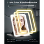 Gospire Travel Makeup Mirror with lights featuring 3 adjustable light colors and stepless dimming for perfect makeup.