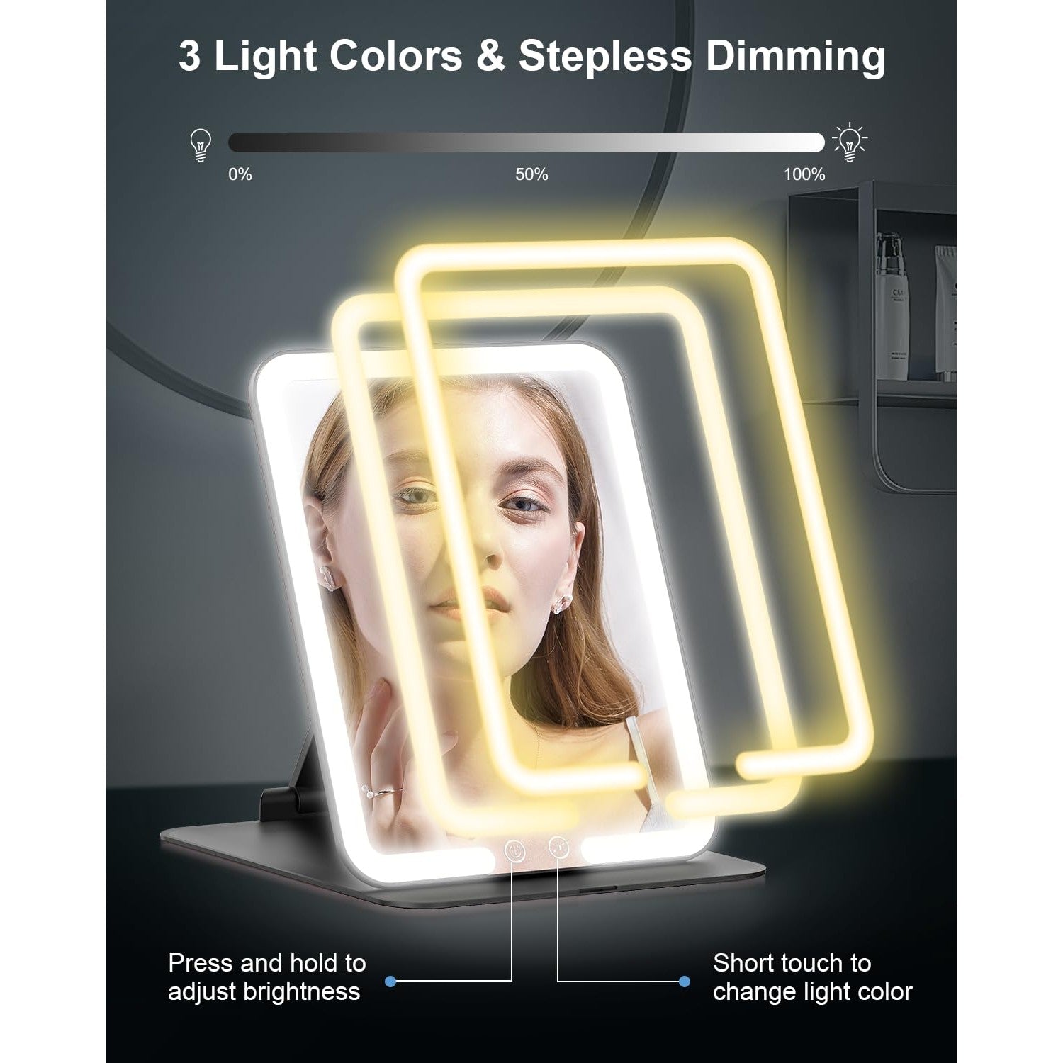 Gospire Travel Makeup Mirror with lights featuring 3 adjustable light colors and stepless dimming for perfect makeup.