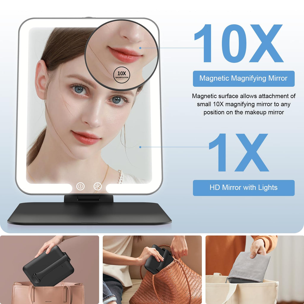 Premium imported Gospire Travel Makeup Mirror features HD lights and a 10X magnifying mirror for flawless makeup application.
