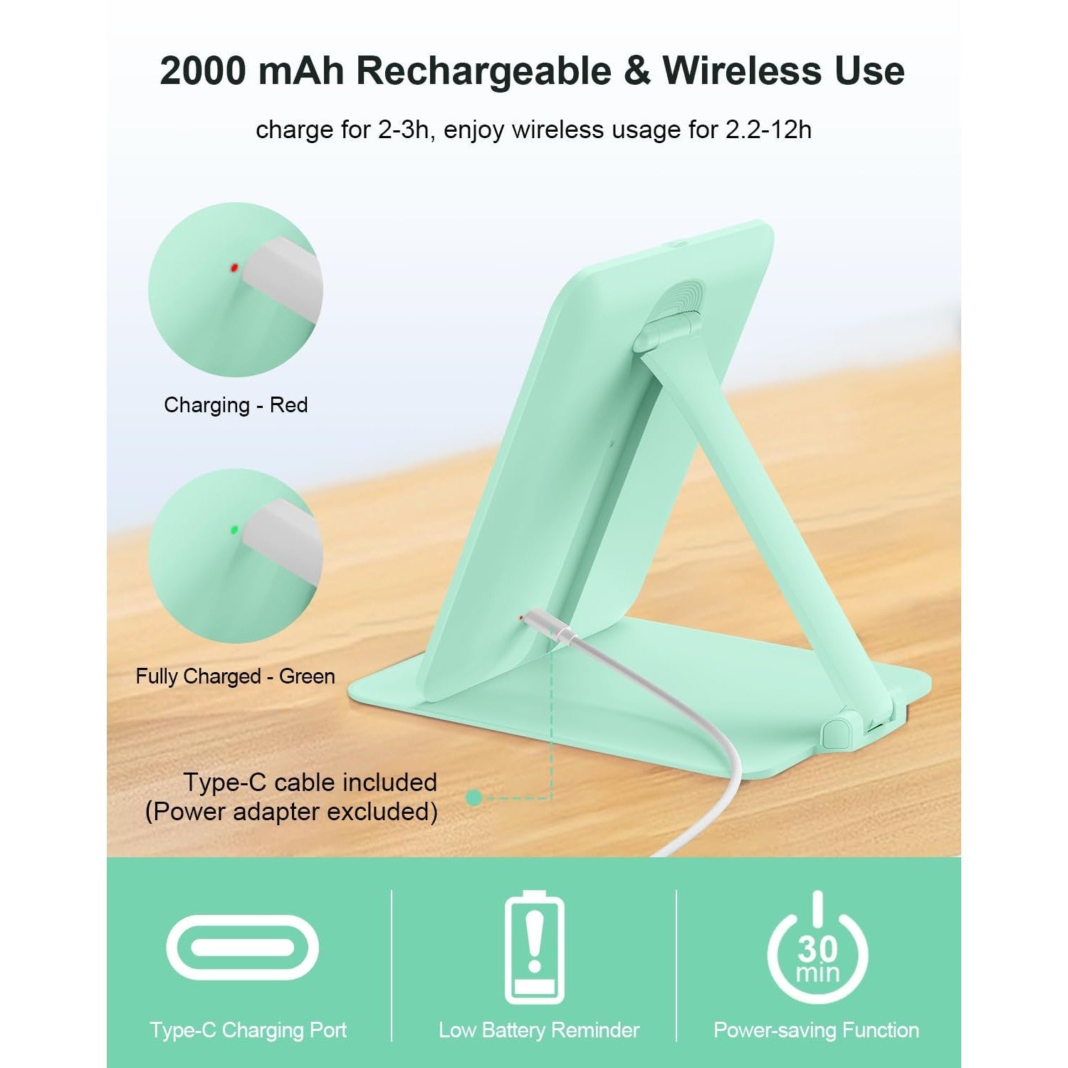 Genuine Gospire Travel Makeup Mirror features rechargeable battery, wireless use, and convenient charging with Type-C port.