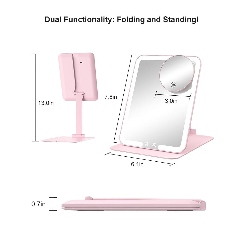 Gospire Travel Makeup Mirror in pink features adjustable brightness. Dual functionality as a foldable and standing mirror.
