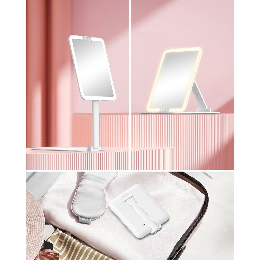 The Gospire Travel Makeup Mirror features lights, an adjustable stand, and a compact design perfect for on-the-go makeup application.
