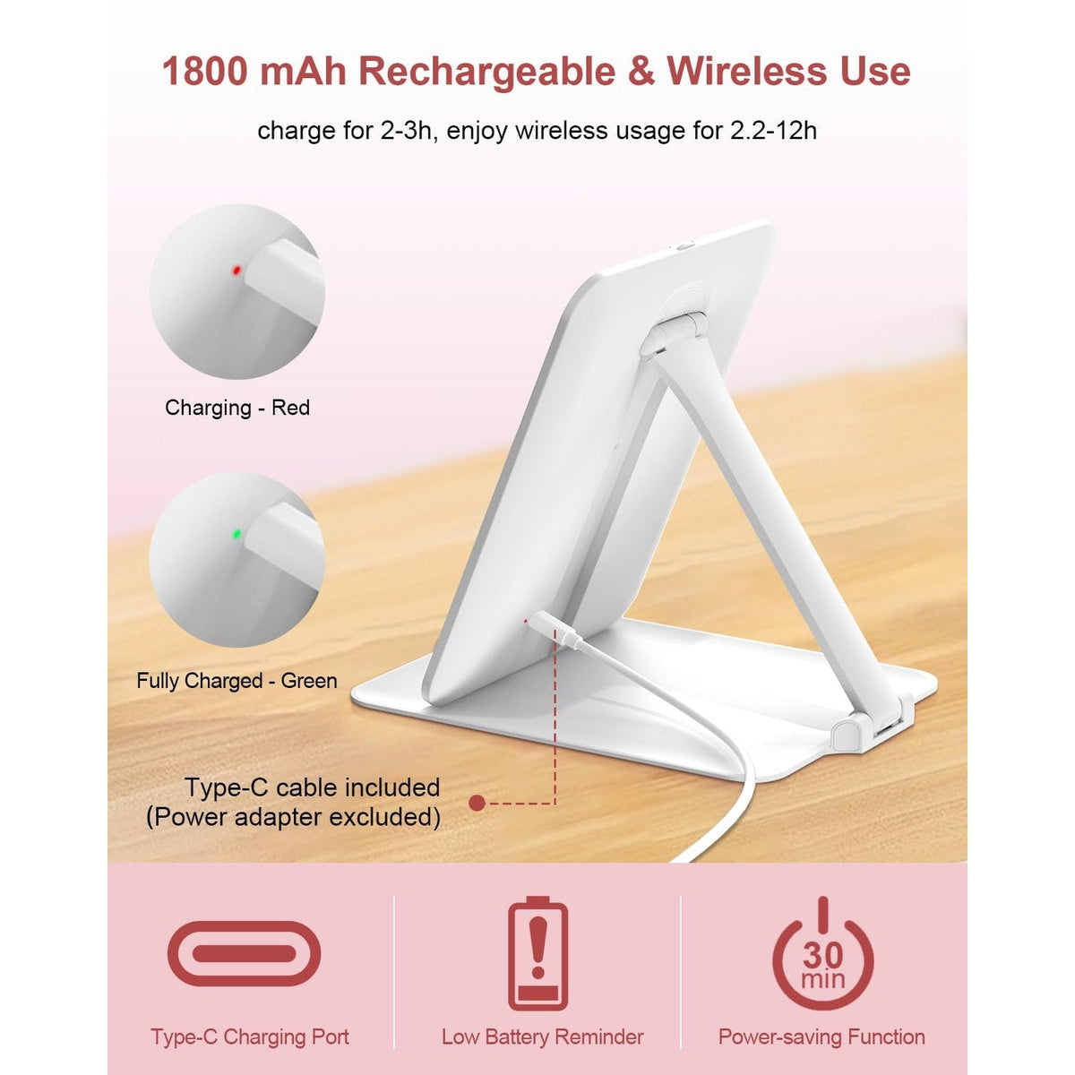 Gospire travel makeup mirror with lights, 1800mAh rechargeable battery, Type-C charging, compact design, and power-saving function.