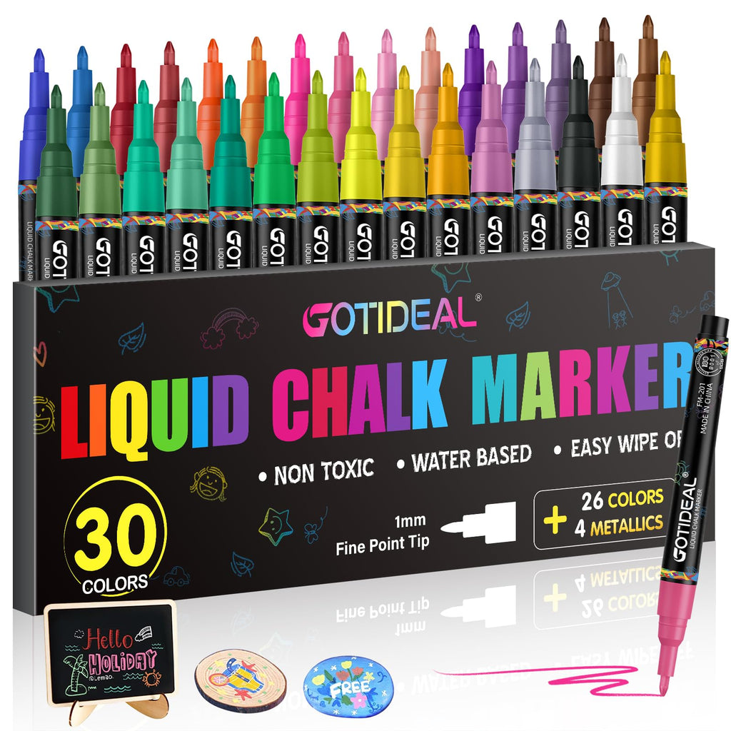 GOTIDEAL Fine Tip Liquid Chalk Markers, premium imported set with 30 vibrant colors, available at Curat Cart.