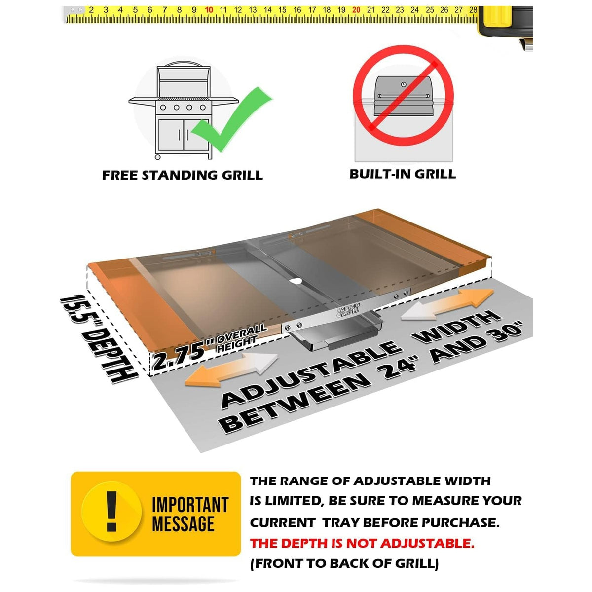 Dyna Glo Grease Tray in official packaging, featuring adjustable width for versatile grill fit. Available at Curat Cart.