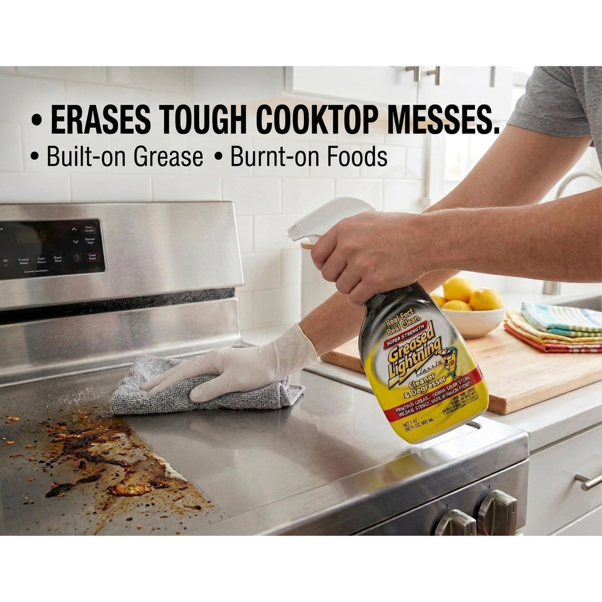 Greased Lightning Multi-Purpose Cleaner effectively tackles tough cooktop messes, showcasing its high-quality packaging. Available at Curat Cart.