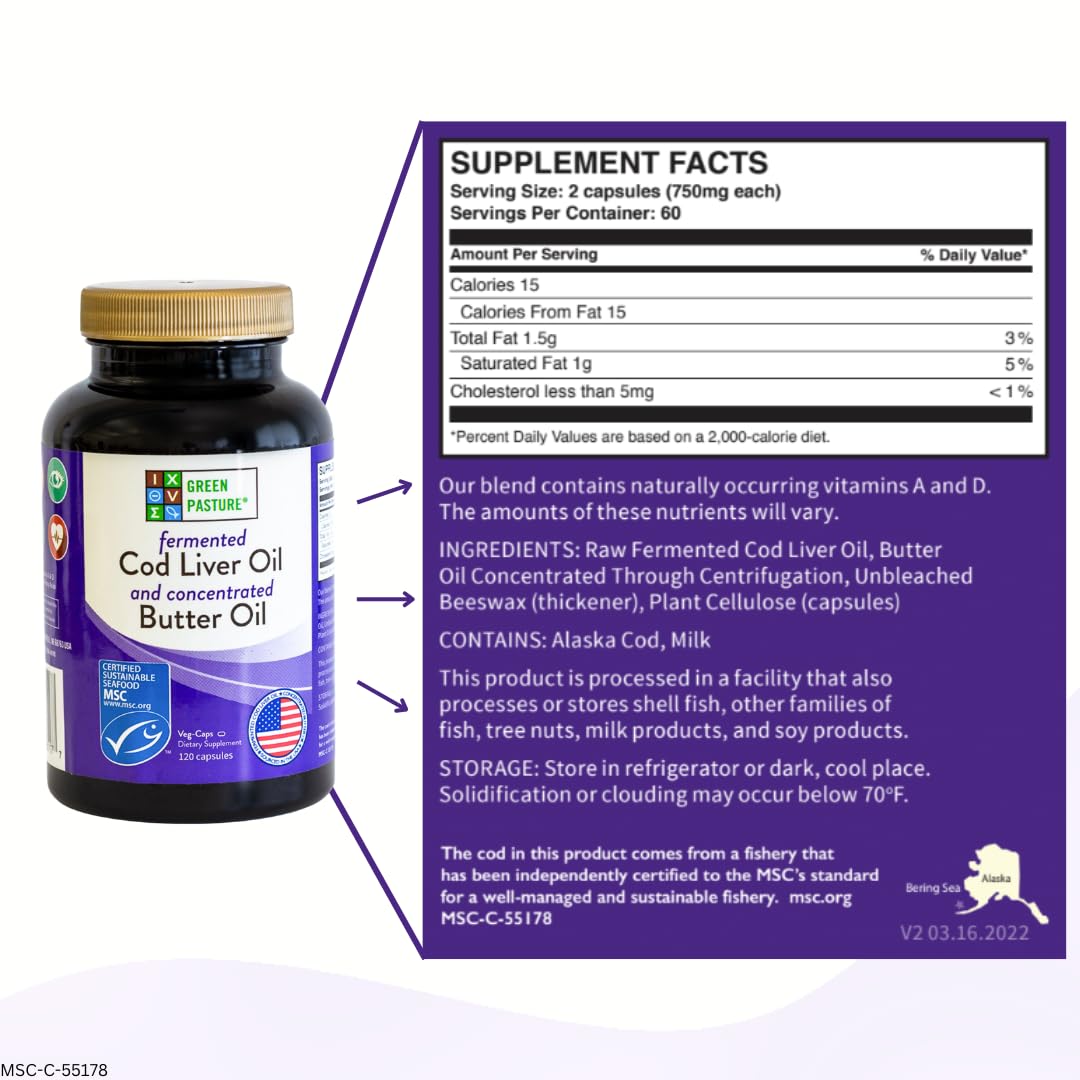 Premium Green Pasture Cod Liver Oil Blend in original packaging, rich in vitamins A and D, supports overall health.
