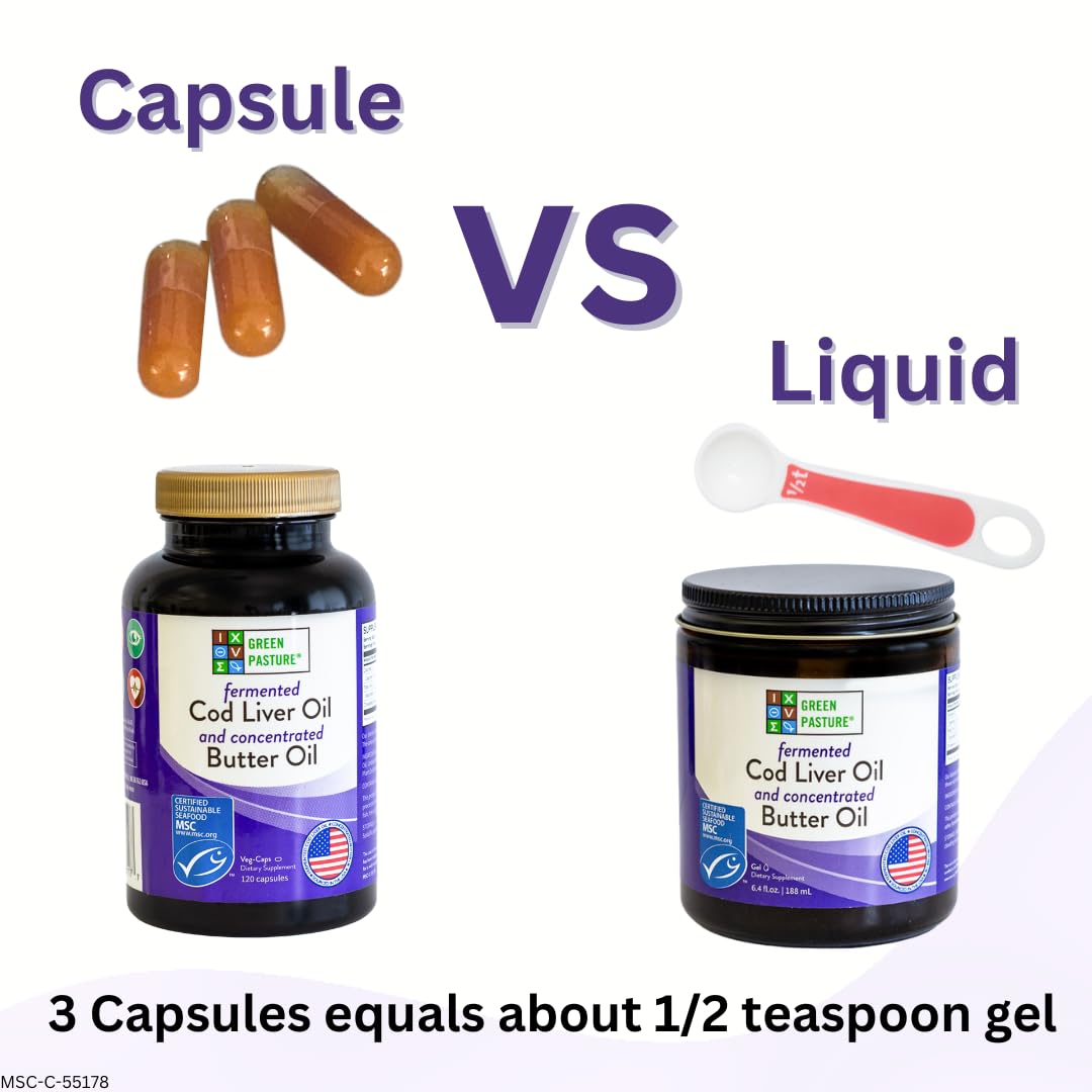 Green Pasture Cod Liver Oil Blend capsules compared to liquid form. Verified by CuratCart for quality assurance.