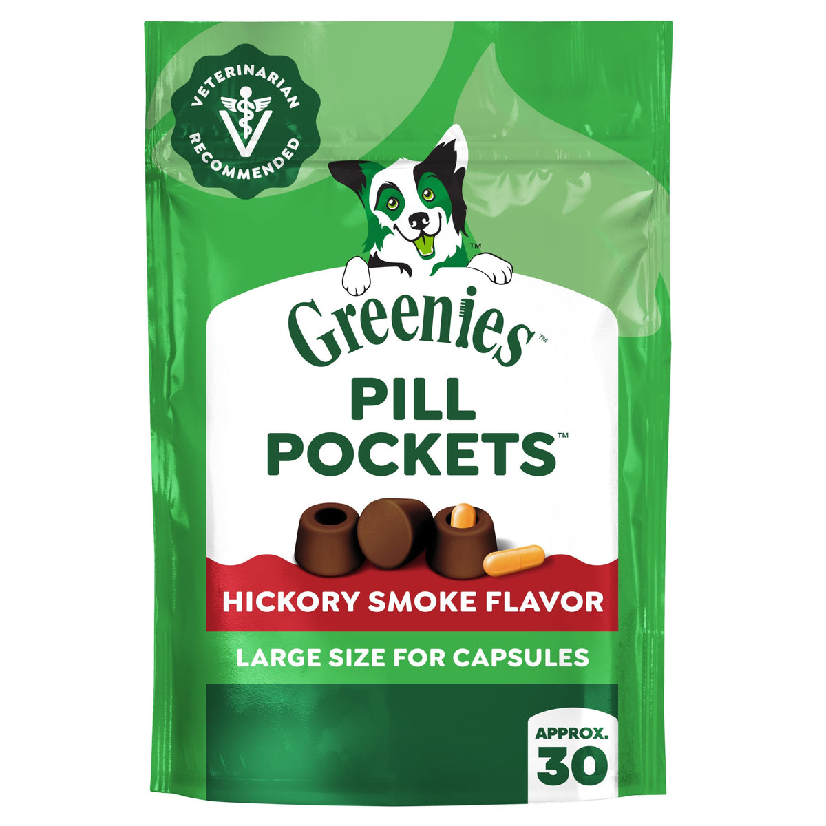 Greenies Pill Pockets in hickory smoke flavor, high-quality packaging, ideal for hiding pills, available at Curat Cart.