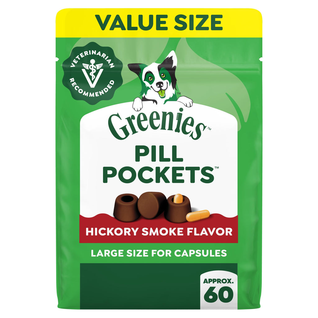 Greenies Pill Pockets in official packaging, hickory smoke flavor, ideal for capsules. Available at Curat Cart.