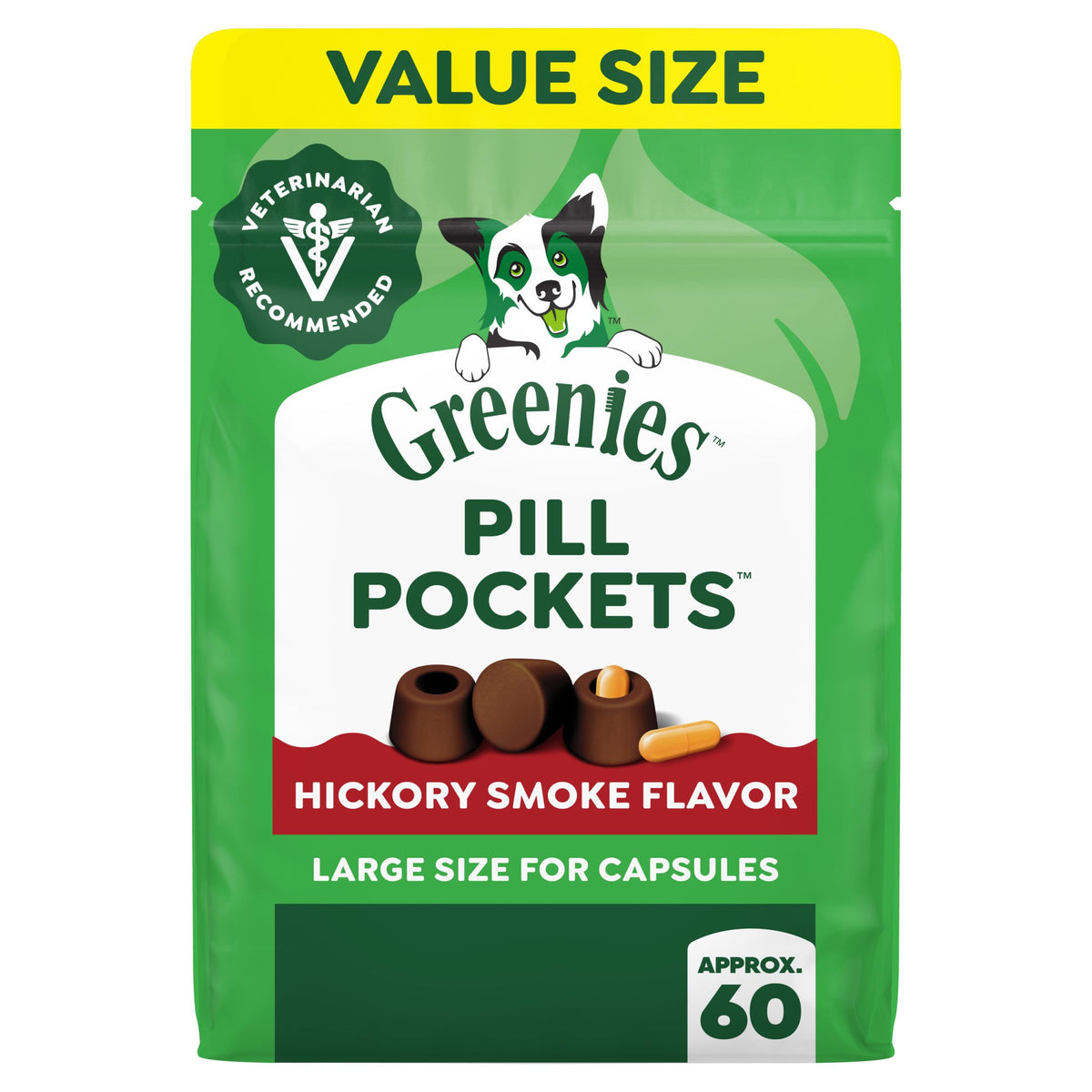 Greenies Pill Pockets in official packaging, hickory smoke flavor, ideal for capsules. Available at Curat Cart.