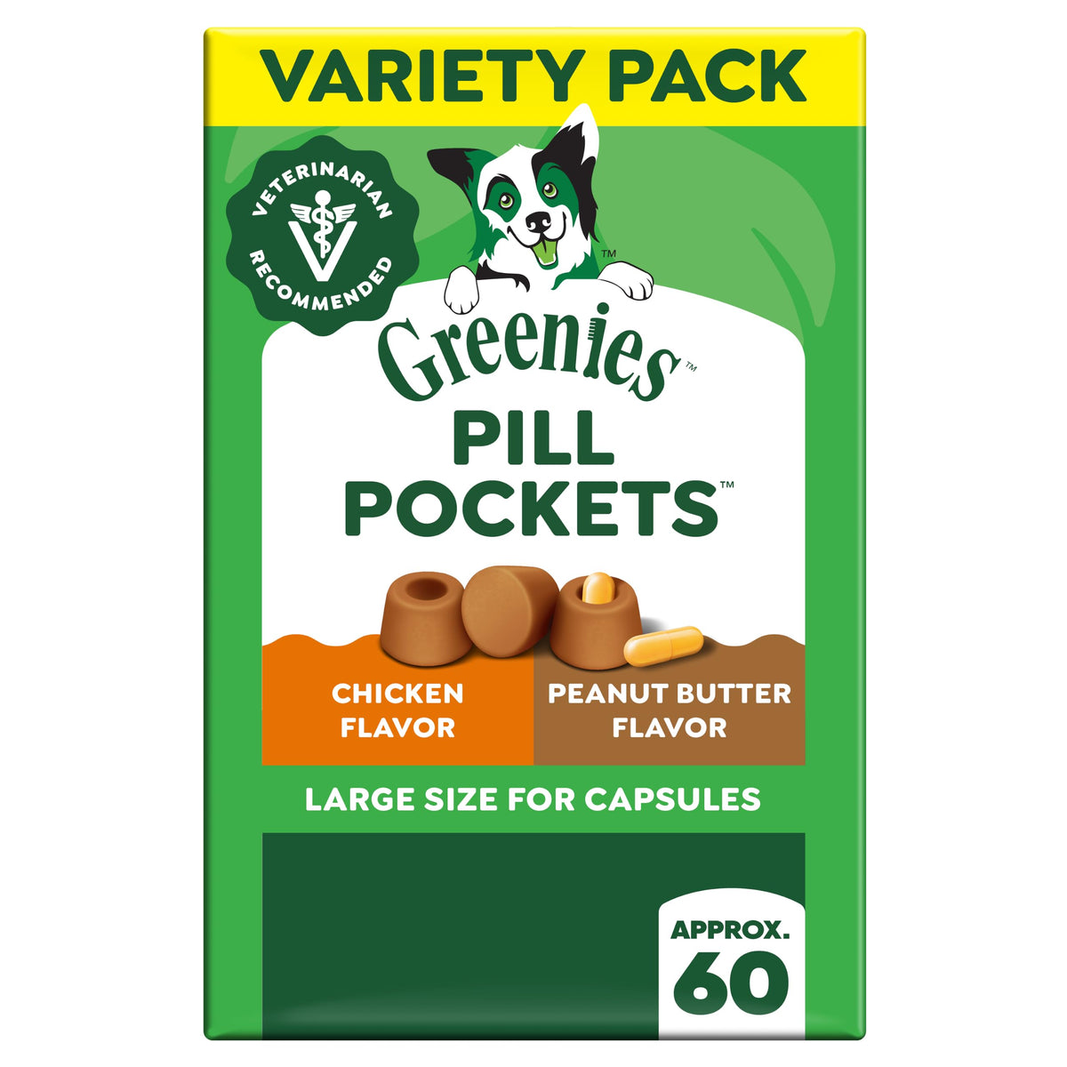 Greenies Pill Pockets in premium packaging, offering Chicken and Peanut Butter flavors. Perfect for hiding capsules. Available at Curat Cart.
