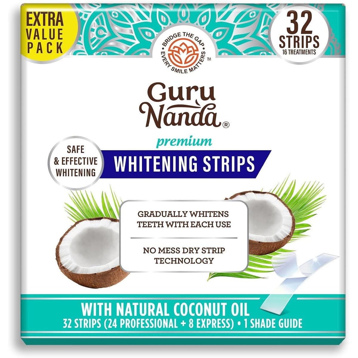 Order GuruNanda Teeth Whitening Strips online in India. 32 strips for gradual whitening with coconut oil.
