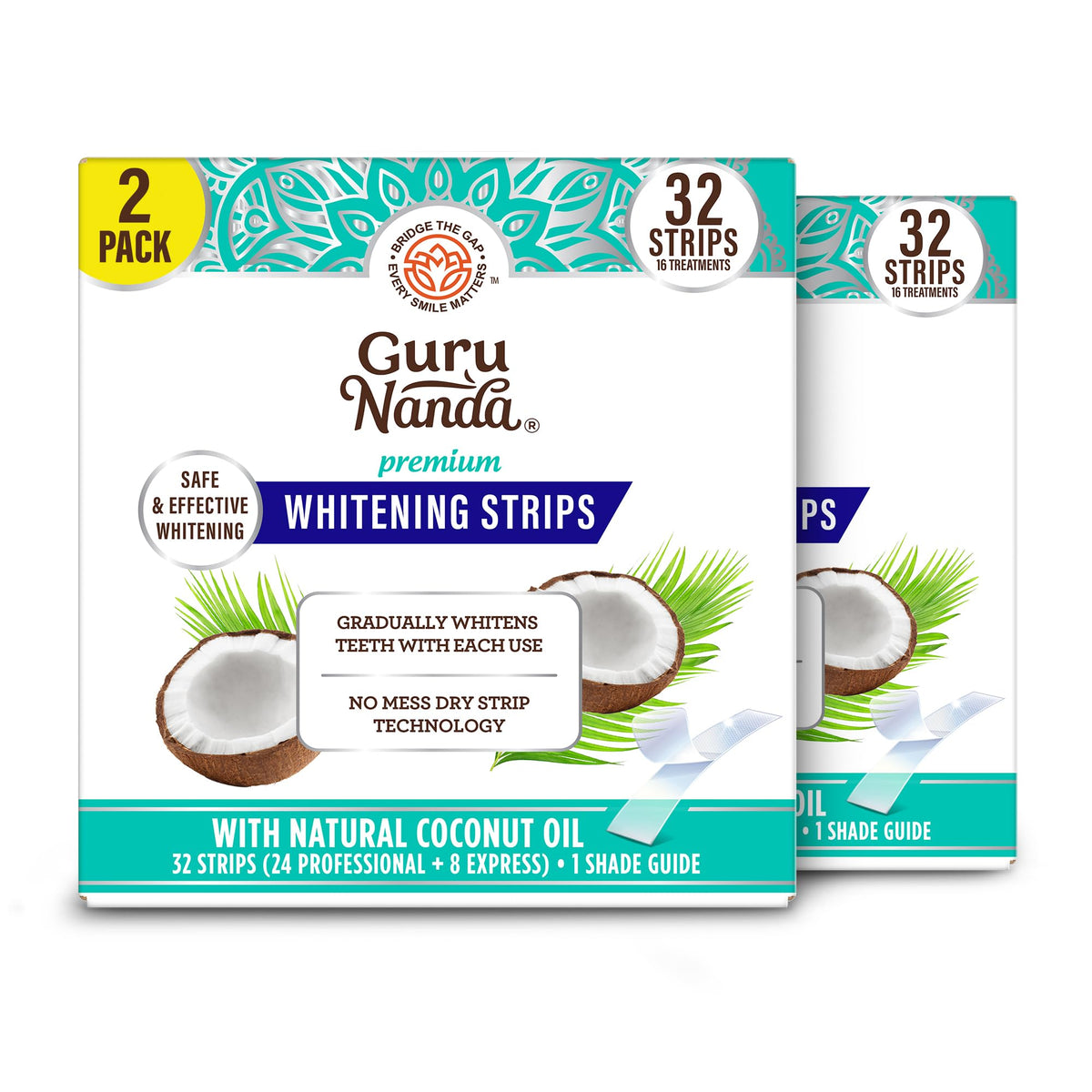 GuruNanda Teeth Whitening Strips, 32 strips with coconut oil, verified by CuratCart for effective whitening. Shop now!