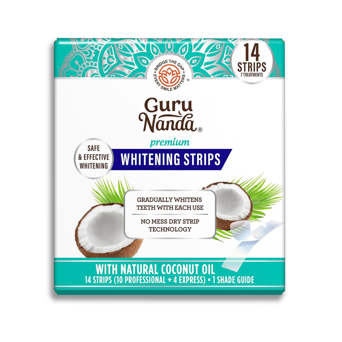 Premium imported GuruNanda whitening strips with natural coconut oil for effective teeth whitening in 14 strips.