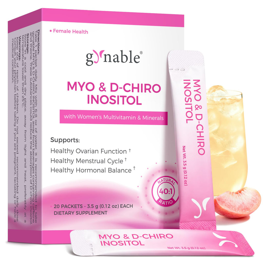 Gynable Myo-Inositol D-Chiro Inositol, a premium imported supplement for female health, available at Curat Cart. Supports ovarian function.