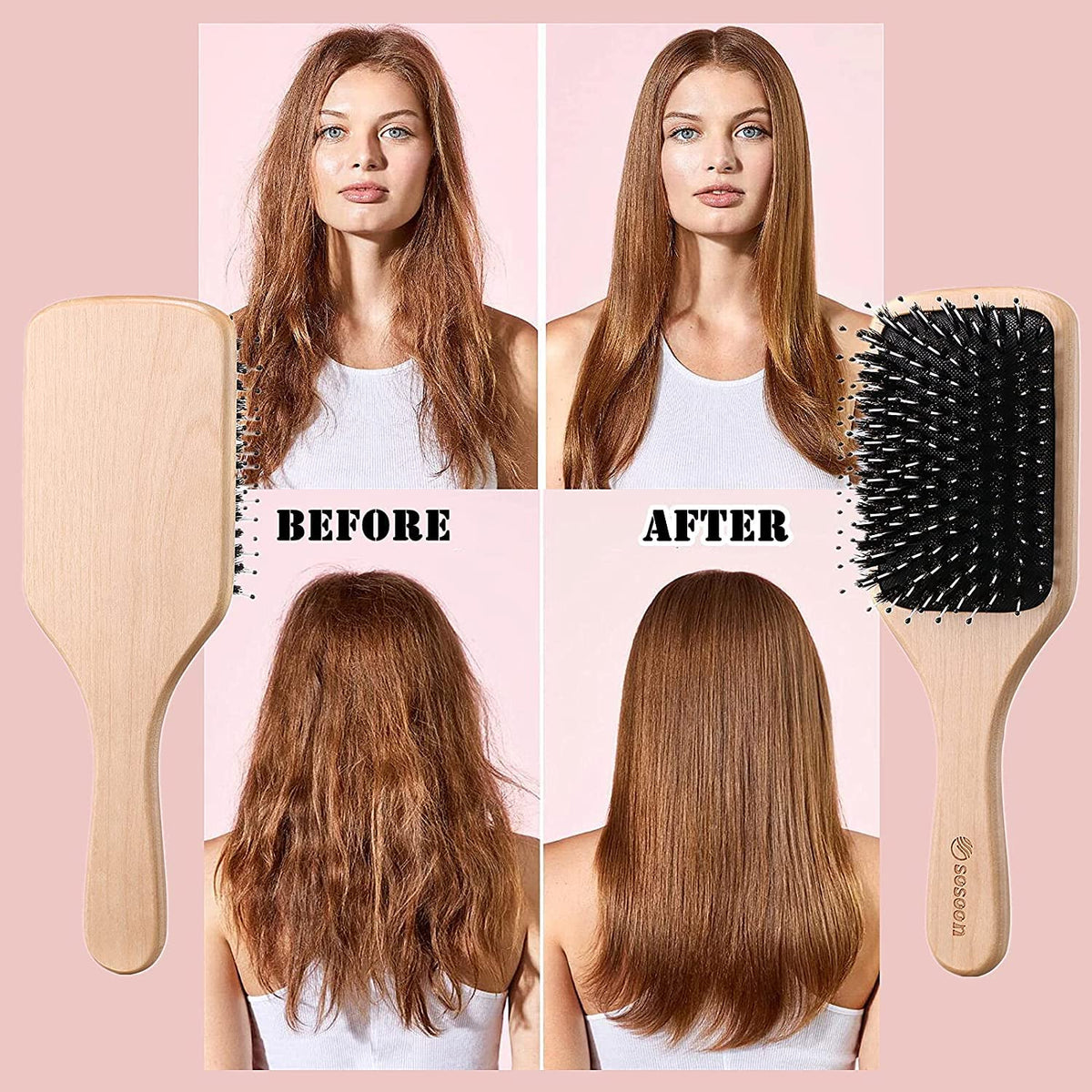 Sosoon Boar Bristle Hair Brush shows before and after results for smoother hair. Verified by CuratCart for quality assurance.