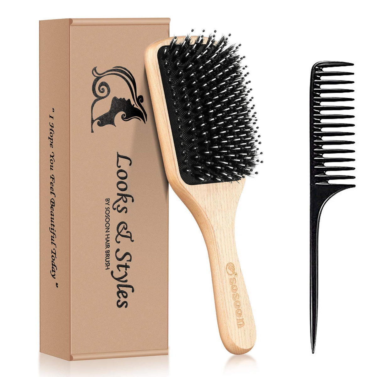Sosoon boar bristle hair brush in stylish packaging with a comb, perfect for stunning hair care routines.