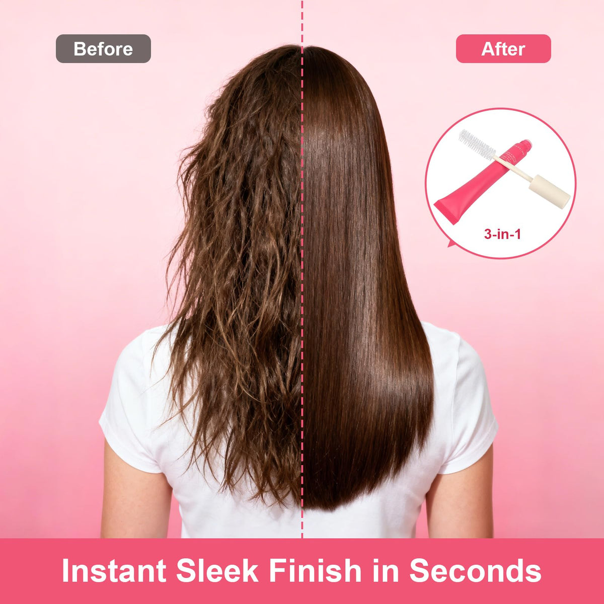 Before and after image showcasing Hair Cactus Fruit 3-in-1 Crème for instant sleek hair finish. 100% authentic styling solution.