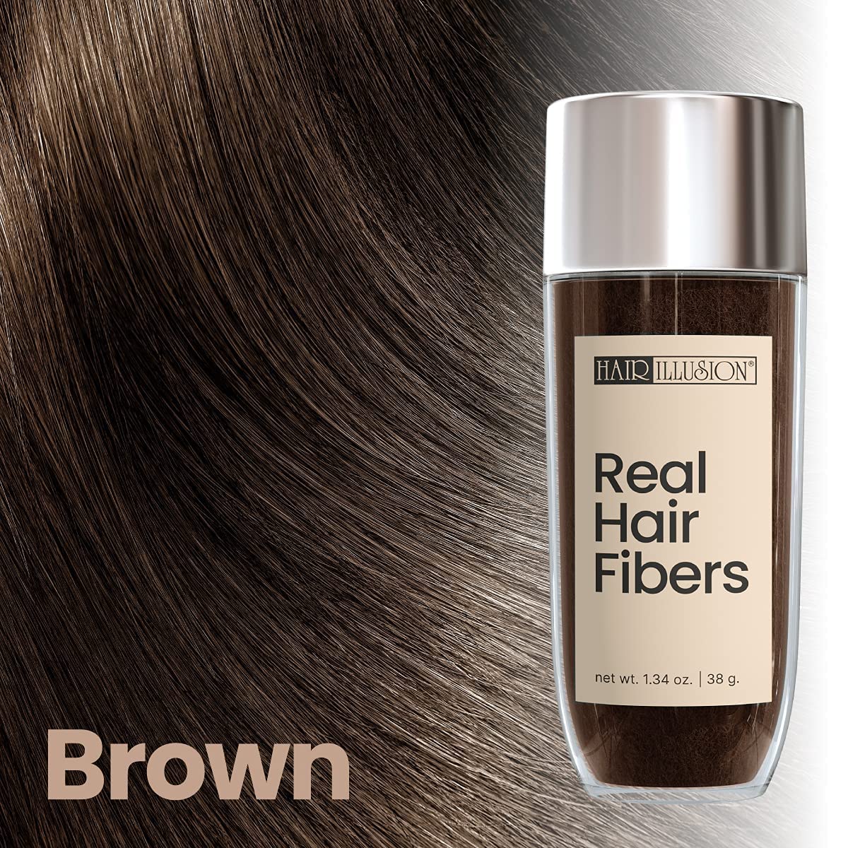 Hair Illusion Brown Real Hair Fibers, 1.34 oz, enhance volume & conceal thinning hair. Verified by CuratCart for trust.