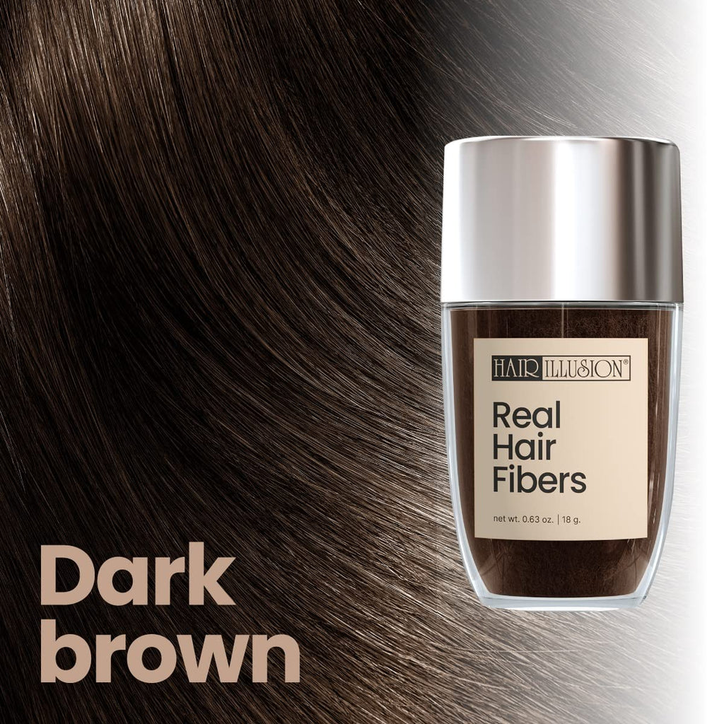 Premium imported Hair Illusion dark brown real hair fibers enhance hair thickness, perfect for a fuller look.