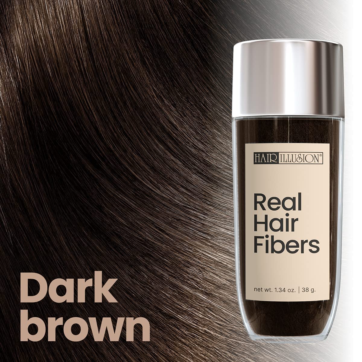 Premium imported Hair Illusion real hair fibers in dark brown, perfect for natural-looking volume and coverage.