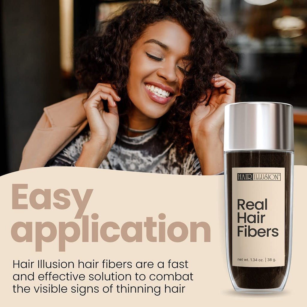 Hair Illusion Real Hair Fibers provide a quick solution for thinning hair. Verified by CuratCart for trust and quality.
