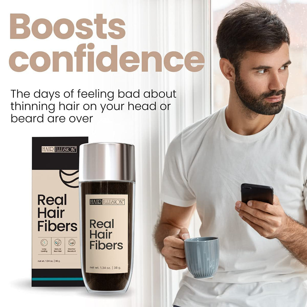 Hair Illusion Black Real Hair Fibers boosts confidence, ideal for thinning hair, globally favored solution for fuller look.