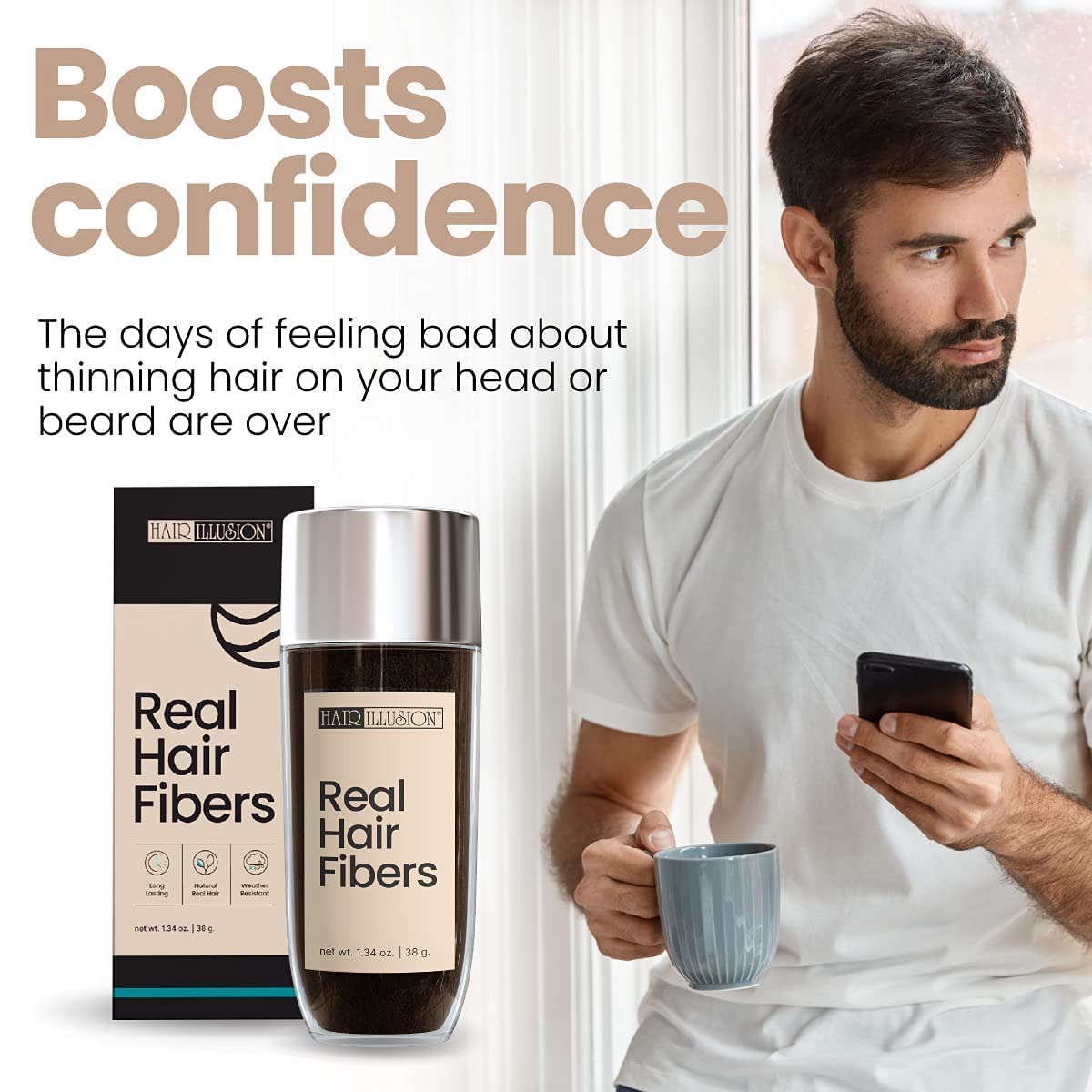 Hair Illusion Black Real Hair Fibers boosts confidence, ideal for thinning hair, globally favored solution for fuller look.