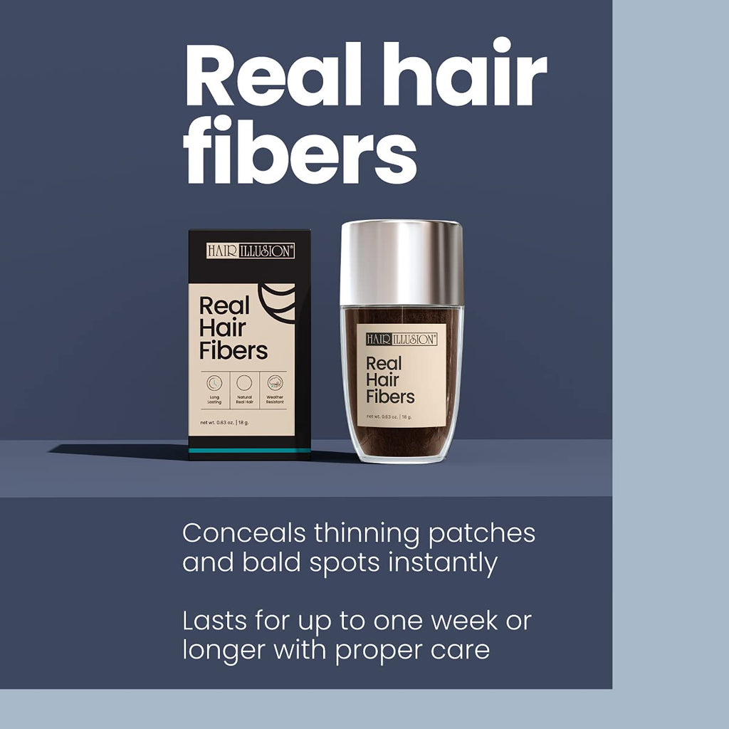 Hair Illusion Black fibers conceal thinning patches and bald spots, lasting up to a week with care. Verified by CuratCart.
