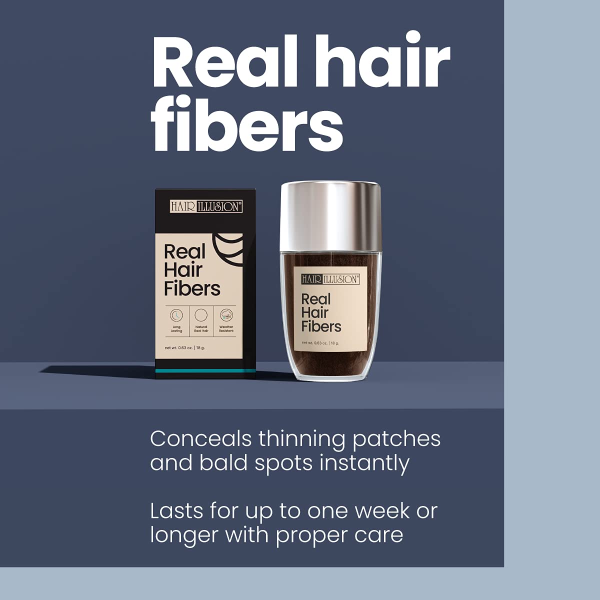 Hair Illusion Black fibers conceal thinning patches and bald spots, lasting up to a week with care. Verified by CuratCart.