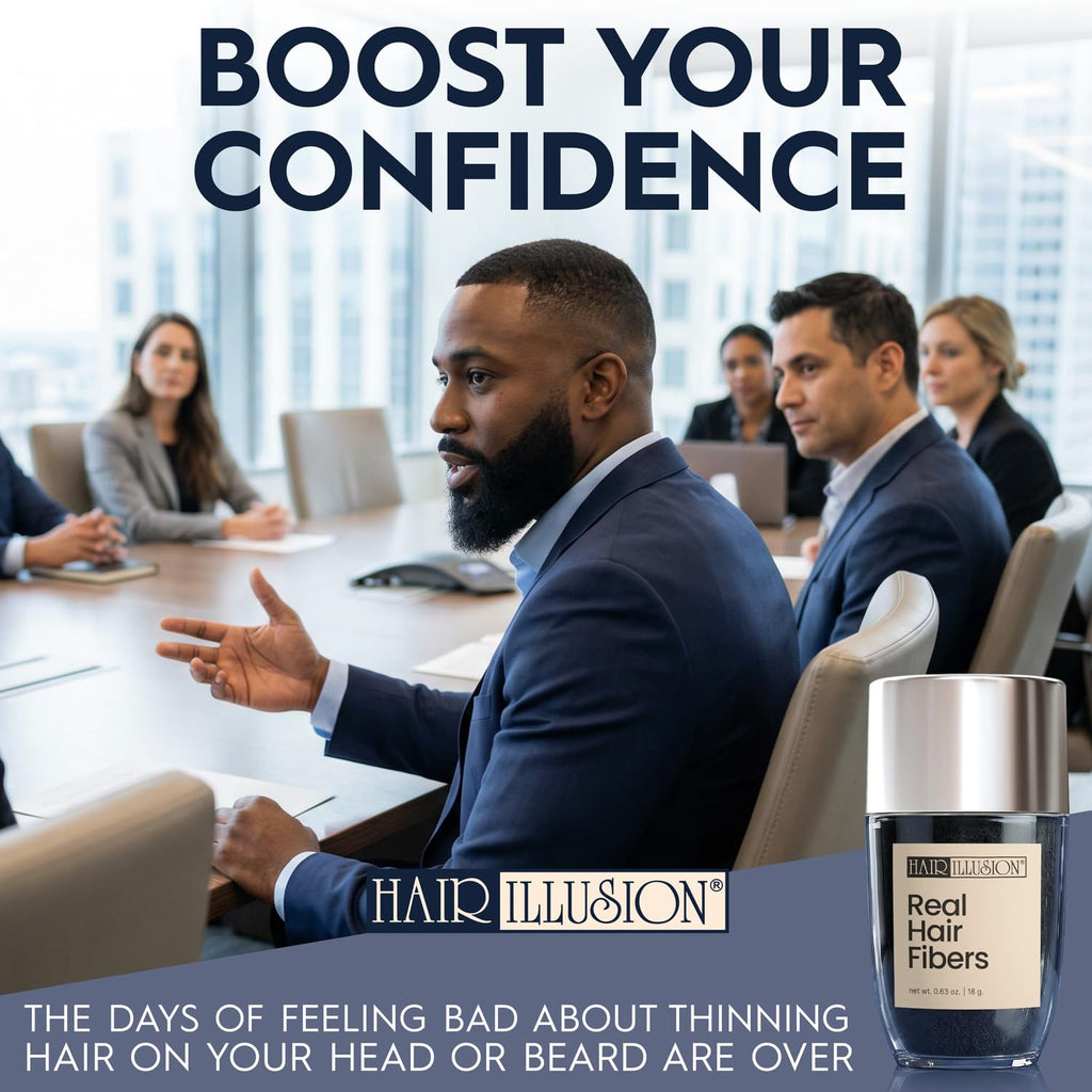 Boost your confidence with Hair Illusion Black Hair Fibers; perfect for thinning hair. Verified by CuratCart.