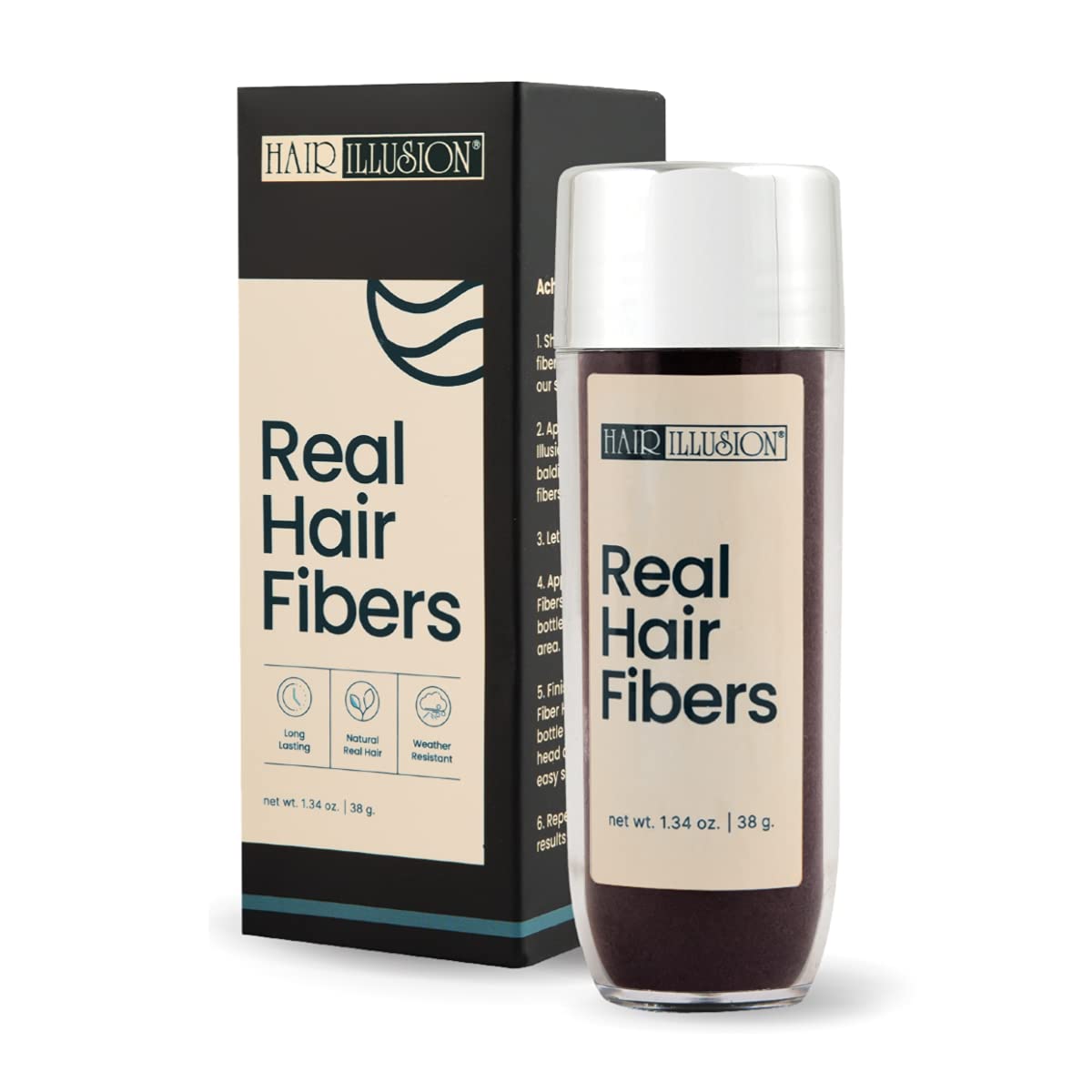 Hair Illusion Black Real Hair Fibers in sleek packaging for fuller-looking hair. Official product, 1.34 oz, ideal for thinning hair.