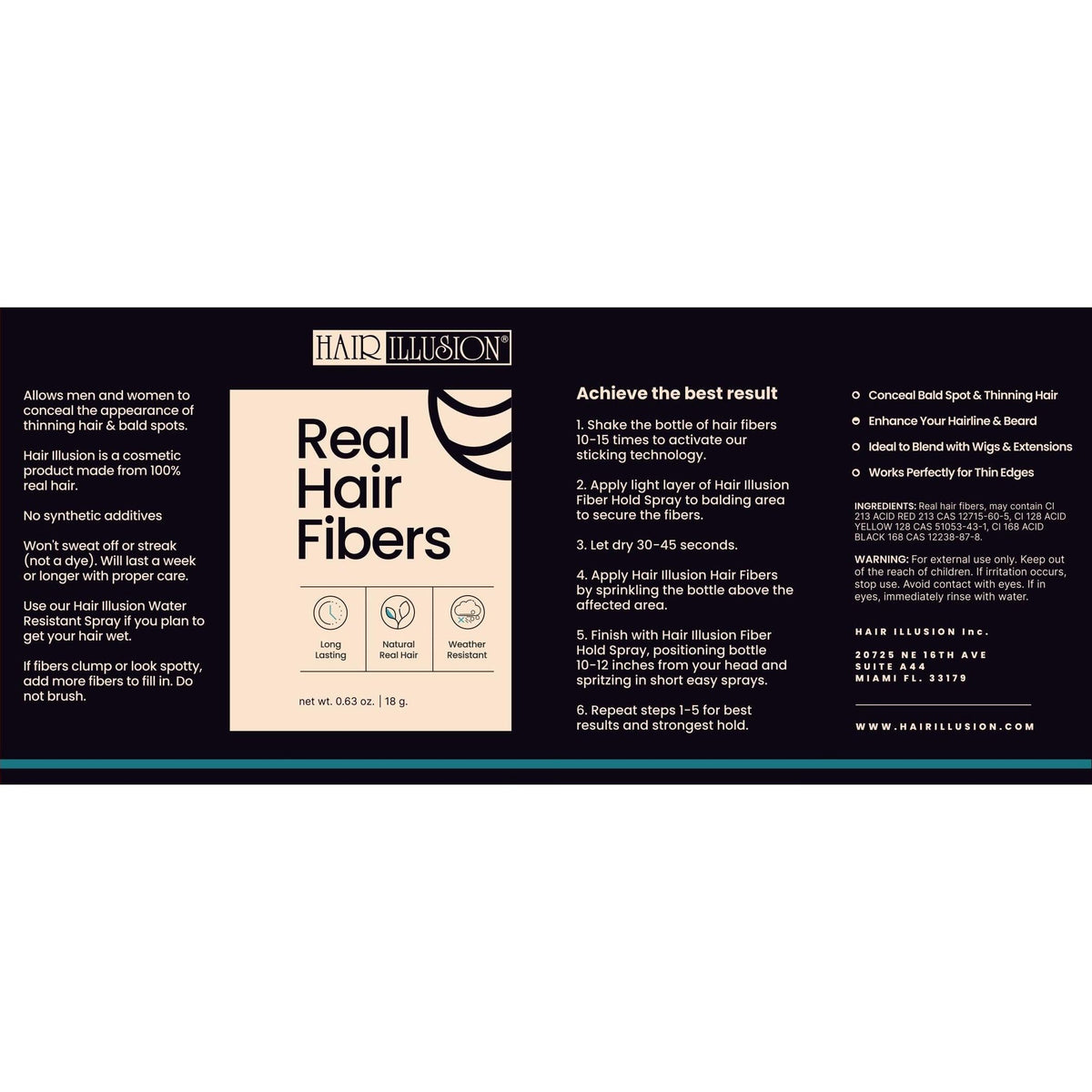 Enhance thinning hair with Hair Illusion's black real hair fibers. Original packaging for fuller, natural hair appearance.