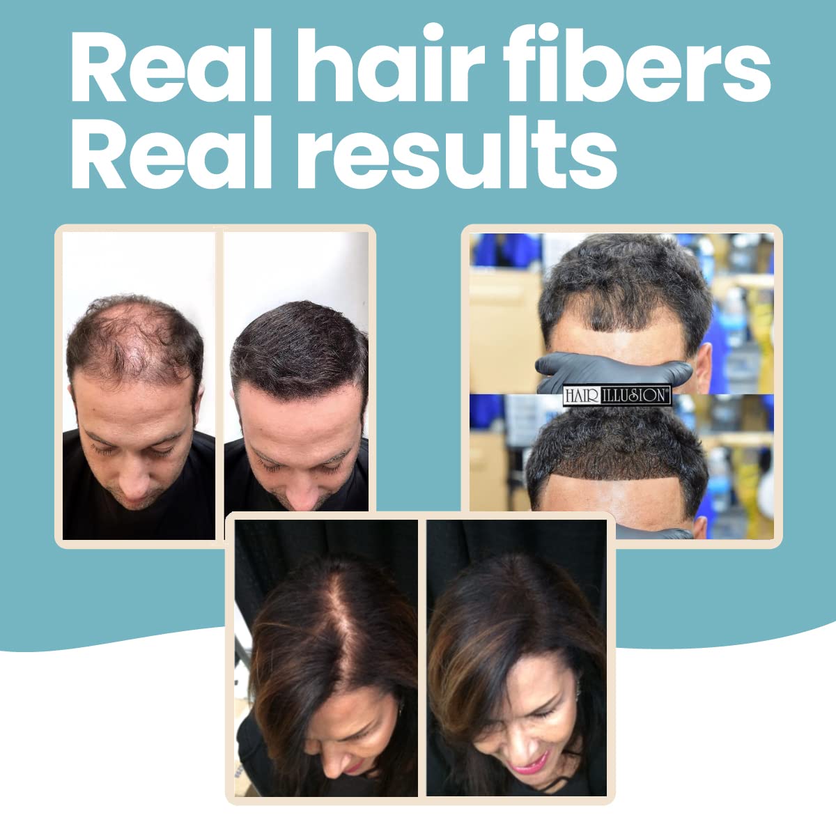 Transform your look with Hair Illusion black real hair fibers. Effective solutions for thinning hair. Original packaging.
