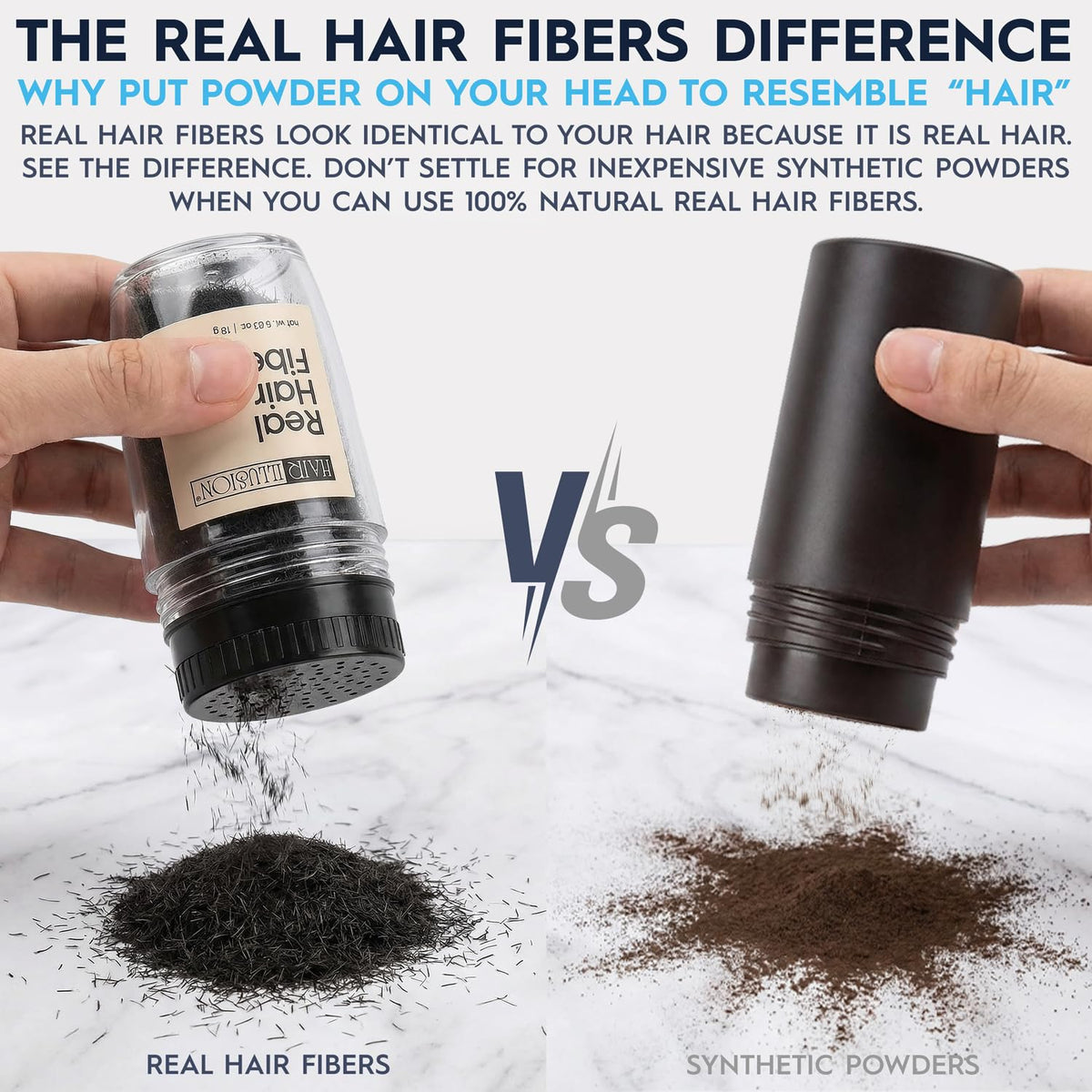 Real hair fibers in a container, showcasing a side-by-side comparison with synthetic powders. Verified by CuratCart.