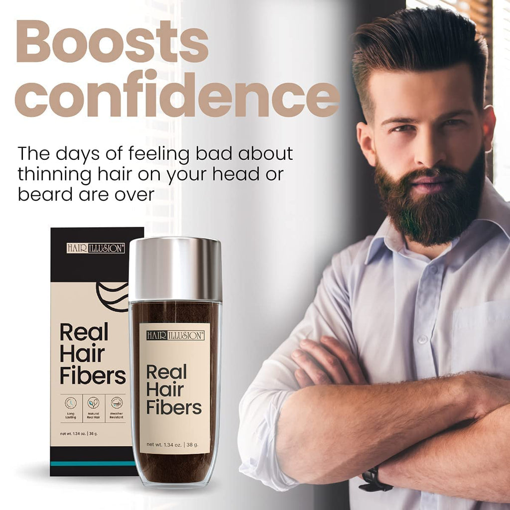 Hair Illusion Black Real Hair Fibers in original packaging, ideal for enhancing thinning hair or beard confidently.