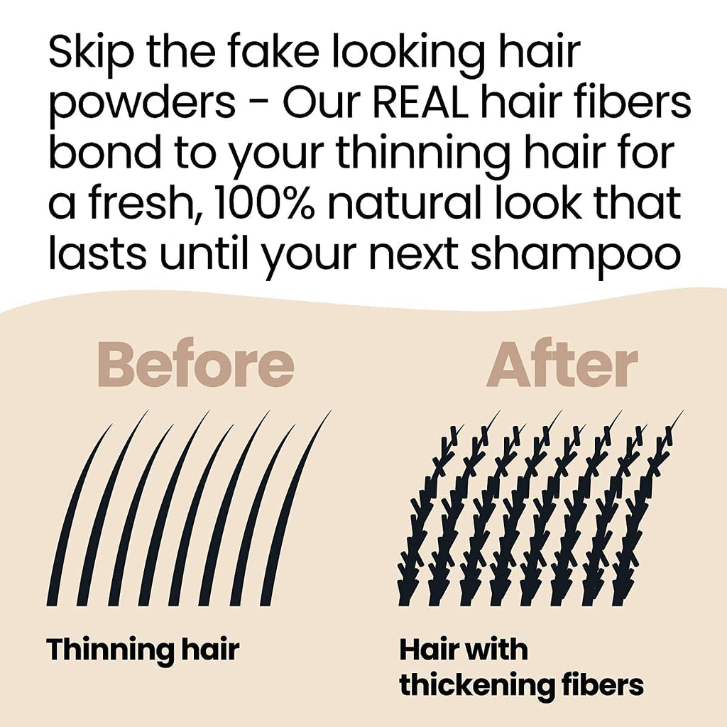 Premium imported Hair Illusion black real hair fibers enhance thinning hair for a fuller, natural look until your next wash.