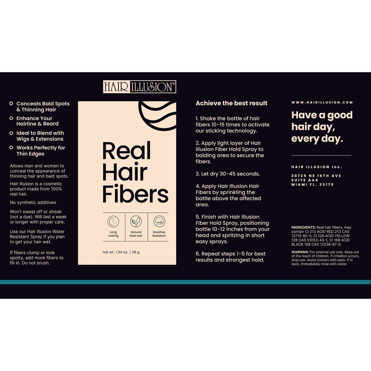 100% genuine Hair Illusion black real hair fibers effectively conceal bald spots, enhancing your hairline and beard.