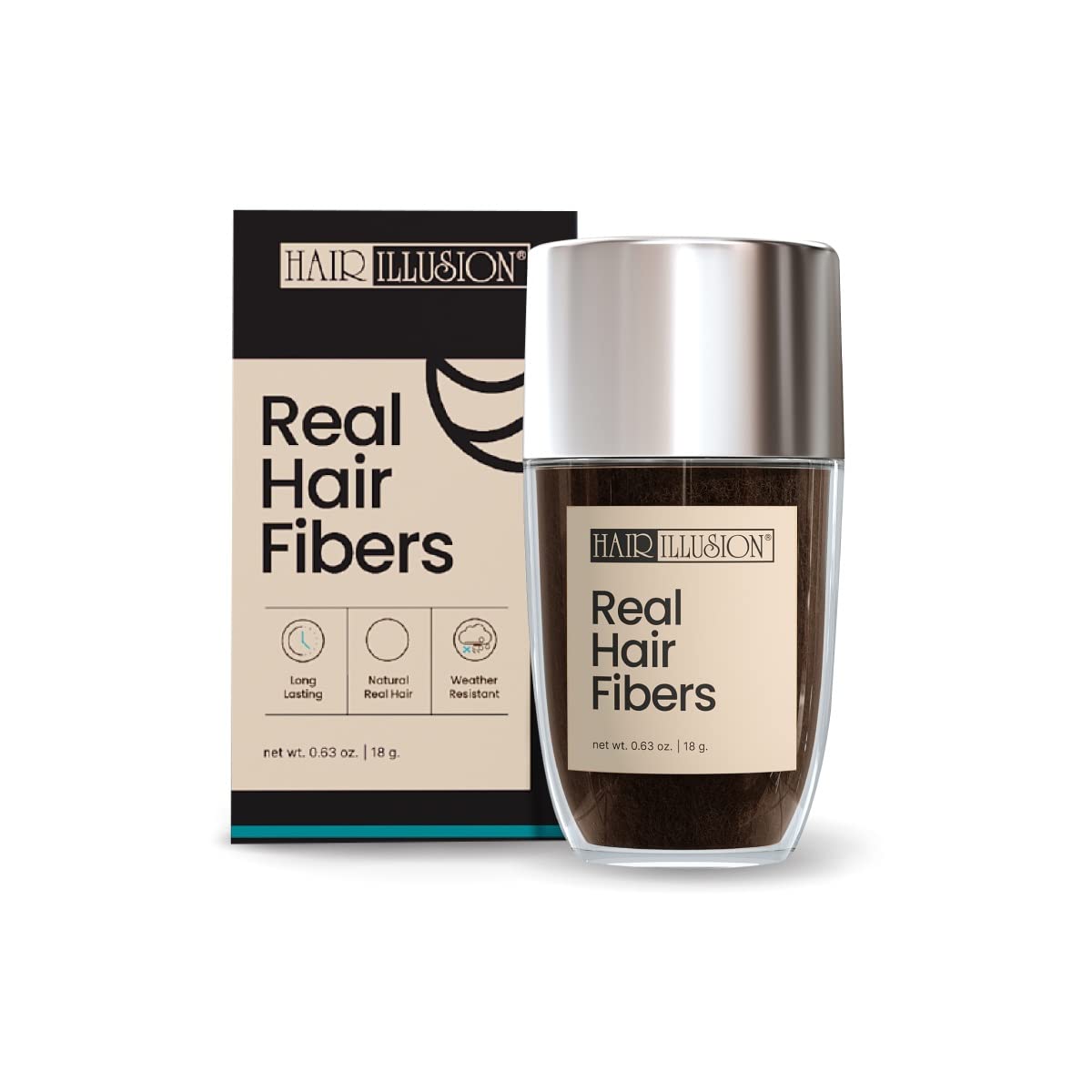 Hair Illusion Black Real Hair Fibers enhances volume with 100% genuine, long-lasting fibers suitable for all hair types.