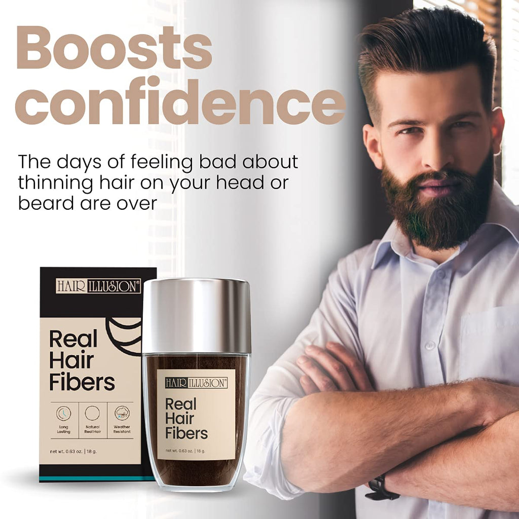 Hair Illusion Black Real Hair Fibers boost confidence. Say goodbye to thinning hair and enjoy a fuller look. Verified by CuratCart.