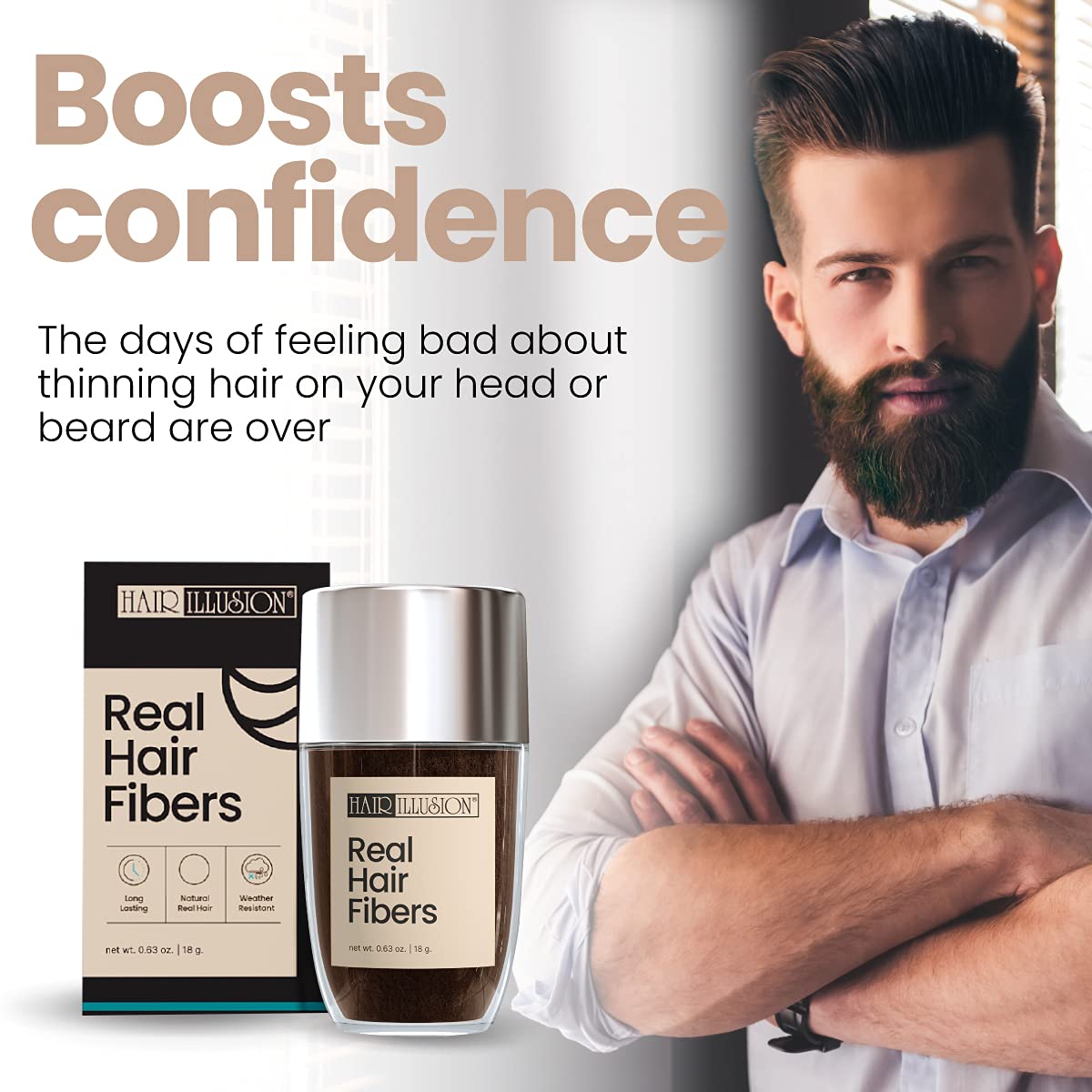 Hair Illusion Black Real Hair Fibers boost confidence. Say goodbye to thinning hair and enjoy a fuller look. Verified by CuratCart.